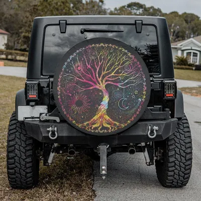 Tree Of Life Spare Tire Cover, Colorful Psychedelic Art, Bohemian Mystical Sun Moon Design, Universal Waterproof Tire Protector Spare Tire Cover