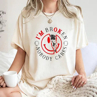I'M Broken Nobody Cares T-Shirt, Broken Emoji & Skull T-Shirt, Menswear, Casual Streetwear, Unisex T-Shirt