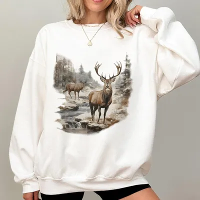 Retro Deer Wilderness Scene Sweatshirt Vintage Buck And Doe Deer Outfit Boho Unisex Sweatshirt