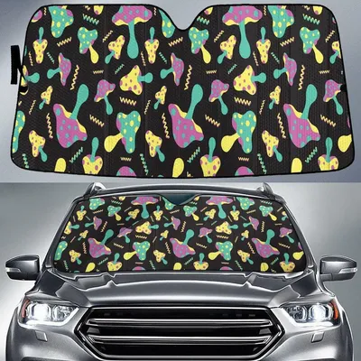 Cute Mushroom Cartoon Style Black Theme Car Sun Shades Cover Auto Windshield PrintSyde