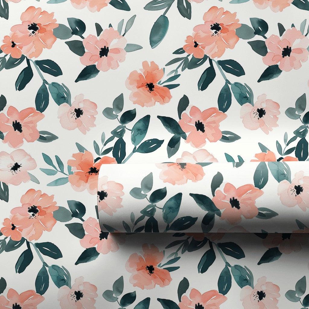 Watercolor Floral Gift Wrapping Paper | Peach Pink Flowers and Teal ...