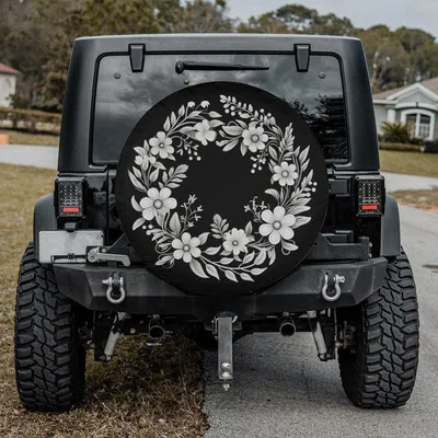 White Floral Wreath Spare Tire Cover, Elegant Botanical Flower Design, Minimalist Black And White Aesthetic, Nature Inspired Tire Cover Spare Tire Cover