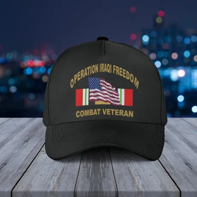 Operation Iraqi Freedom Combat Veteran Black Baseball Cap Military Honor Gift Baseball Cap With American Flag Baseball Cap