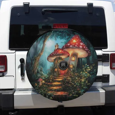 Mushroom Fairy House Spare Tire Cover, Magic Forest Gnome Home Design, Fantasy Wheel Protector, Cottagecore Car Gift Spare Tire Cover