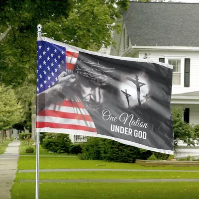 One Nation Under God Flag, Patriotic Christian Banner With Jesus And Crosses Horizontal House Flag