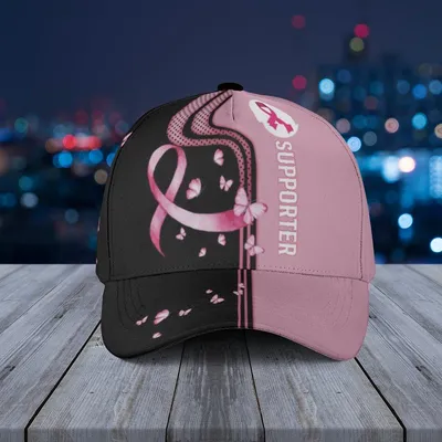 Feminine Pink & Black Ribbon Pattern Baseball Cap Supporter Butterfly Graphic Design Headwear For Ladies Baseball Cap