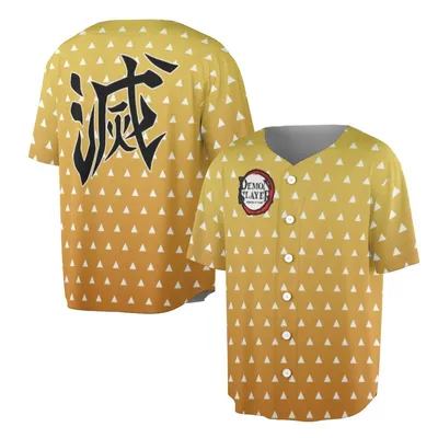 Kimetsu No Yaiba Zenitsu Jersey, Kanji Logo, Thunder Breathing Gradient Pattern, Anime Baseball Baseball Jersey, Manga Fan Gear