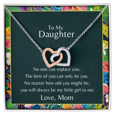 To My Daughter No One Can Replace You Necklace. Embellished With Cubic Zirconia Stones. Interlocking Hearts Necklace