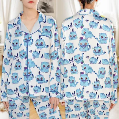 Cute Blue Cartoon Cats All-Over Print Satin Pajamas