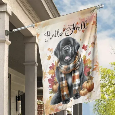 Hello Fall House Flag, Black Newfoundland Dog With Plaid Scarf And Autumn Leaves Vertical House Flag