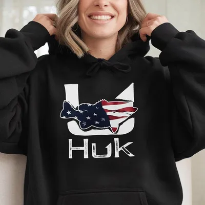Huk Fishing Hoodie, American Flag Bass Graphic, Patriotic Outdoors Hoodie, Unisex, Usa Streetwear