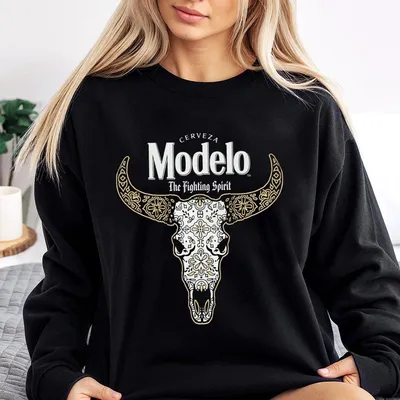 Modelo Beer Sweatshirt Western Bull Skull Graphic With Floral Detail, “The Fighting Spirit” Slogan, Great For Beer Lovers