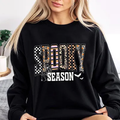 Retro Spooky Coquette Halloween Sweatshirt Leopard Checkered Fall Sweatshirt Cute Girly Ghost Graphic Spooky Season