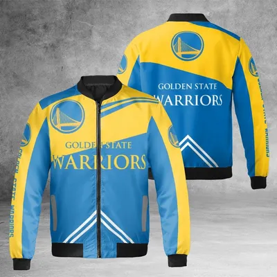 Unisex Golden State Warriors Bomber Jacket, Nba Basketball Team Logo, Blue & Gold Fan Merch Apparel Bomber Jacket