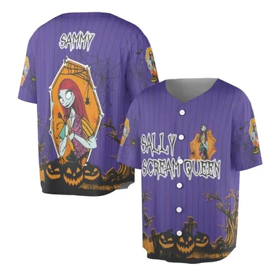 Halloween Polo Baseball Jersey, Sammy Skeleton Umbrella, Sally Scream Queen Design, Purple Pumpkin Bat Theme, Gothic Style