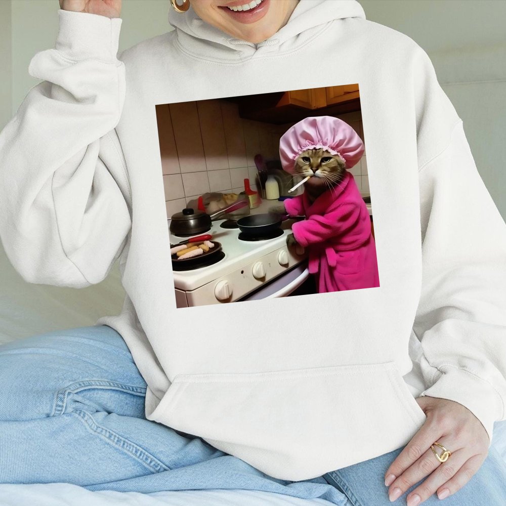 Funny Cooking Cat Hoodie Sassy Cat In Pink Robe Graphic Quirky And Humorous Casual Hoodie For Cat Lovers