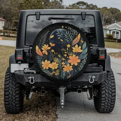Boho Spare Tire Cover With Moon And Orange Flowers, Moon Tire Cover, Backup Camera Hole, Boho Car Accessories For Women Spare Tire Cover