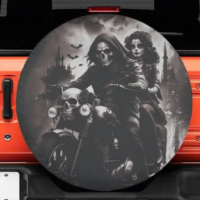 Biker Skull Couple Spare Tire Cover, Cool Motorcycle Lovers Design, Waterproof Durable Vinyl, Universal Fit For Suv Truck Rv Camper Spare Tire Cover