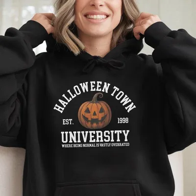 Halloweentown University Hoodie, Pumpkin Graphic, Ash Grey, Spooky Unisex Fall Casual Apparel
