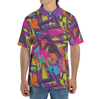 Neon Graffiti Polo, Abstract Paint Splatter, Men'S Street Art Polo Shirt, Bright Color Splash Design, Rave Festival Wear