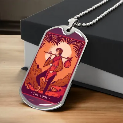 Tarot Card Necklace. Silver Or Gold. For Wiccans, Astrology, Zodiac, Spiritual, Best Friend. Boho. The Fool Card - Army Tag Necklace, Dog Tag