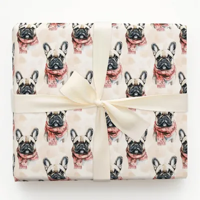 Bundle Up with the Tan Frenchie - Gift Wrap for Christmas, Holidays Wrapping Paper, Christmas Wrapping Paper