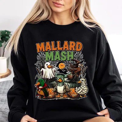 Mallard Mash Duck Halloween Sweatshirt, Funny Duck Costume Graphic Sweatshirt, Spooky Party Sweatshirt, Fall Outfit For Hunters, Unisex Sand Top