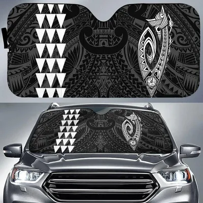 White Hawaii Map Turtle Ohana Hibiscus Kakau Polynesian Car Sun Shade Cover Auto Windshield PrintSyde