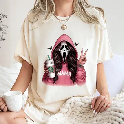 Halloween T-Shirt Spooky Mama Creepy Graphic Ghostface With Coffee Cup Peace Sign Funny Horror Fall Outfit Cute