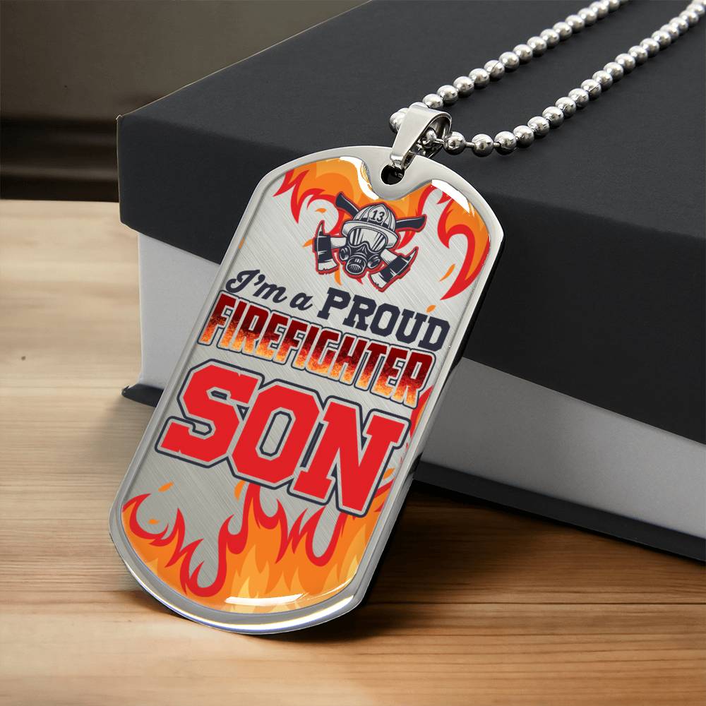 Fire-Fighter Son Dog Tag Pendant With Military Ball Chain - Army Tag Necklace, Dog Tag