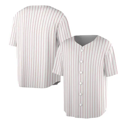 Red White Pinstripe Baseball Jersey, Vintage Sport Baseball Jersey, Classic Striped Jersey, Retro Streetwear