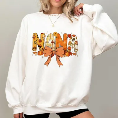 Fall Pumpkin Nana Sweatshirt Coquette Bow Graphic Sweatshirt Thanksgiving Outfit For Women Mom
