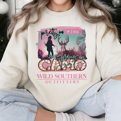 Pretty In Camo Wild Southern Sweatshirt Pink Camo Hunting Sweatshirt Simply Printed Graphic Sweatshirt Daily Casual Cotton Womenswear