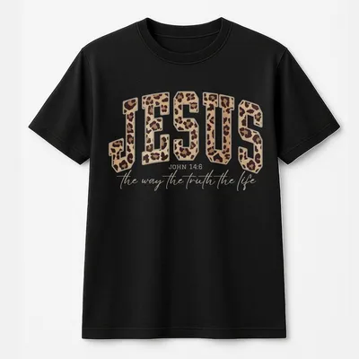 Christian Jesus T-Shirt, Cheetah Print Bible Verse T-Shirt, Trendy Faith Apparel Gift, Jesus Loves You, The Way The Truth