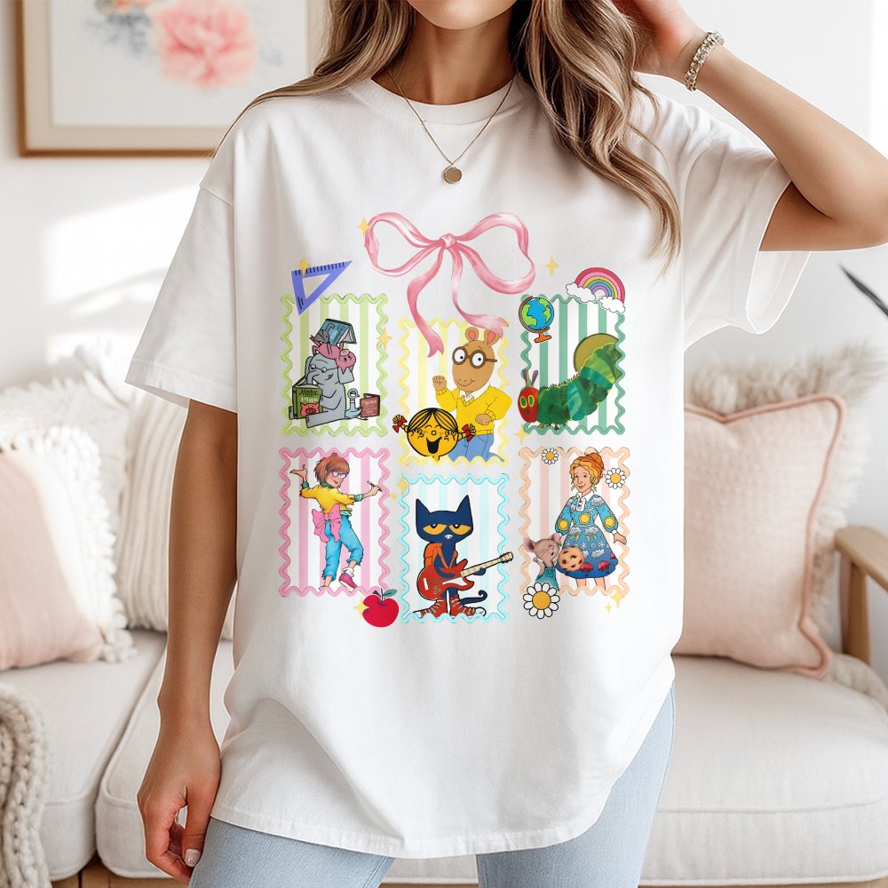 Cartoon Teacher T-Shirt Fun Storybook Style Graphic T-Shirt Back To School Teacher Gift Retro Classroom Outfit For Women