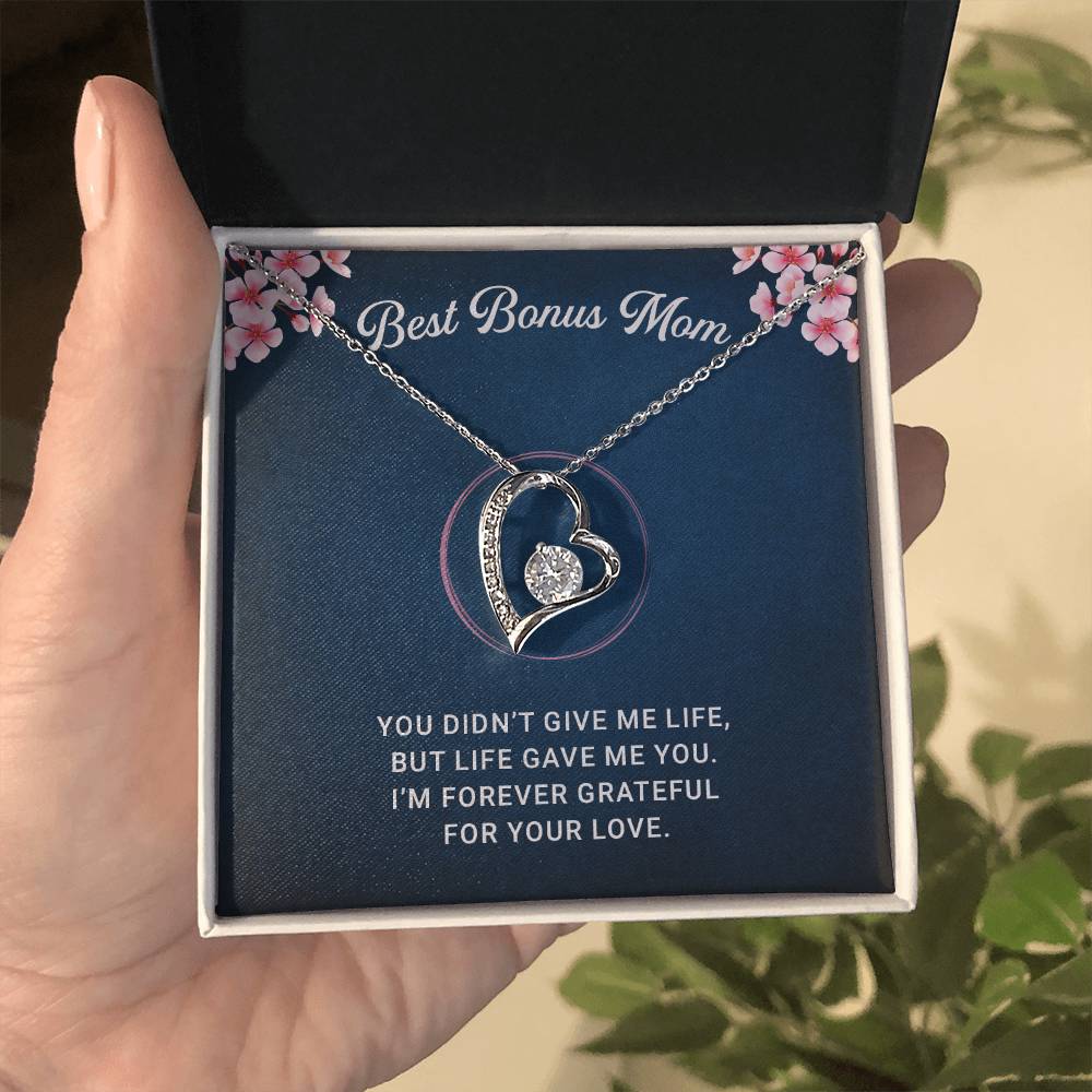 Best Bonus Mom Necklace, Heart Jewelry Gift For Mom Forever Love Necklace