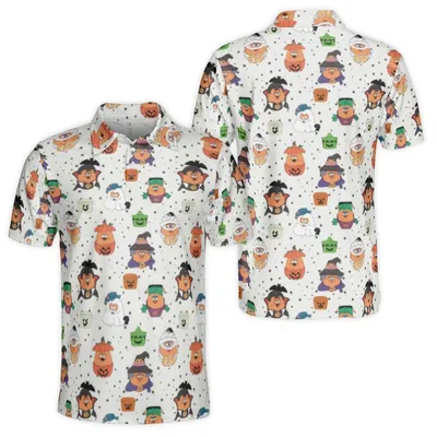 Halloween Polo Polo Shirt, Cute Characters All Over Print, Pumpkin Ghost Witch Pattern, Spooky Holiday, Men'S, Trick Or Treat