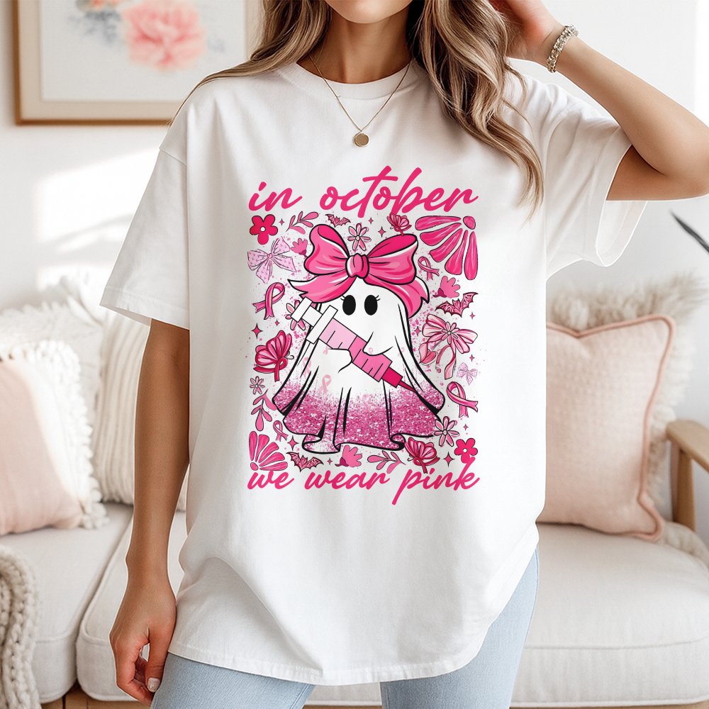 Nurse Spooky T-Shirt Coquette Nurse T-Shirt In October We Wear Pink T-Shirt Pink Ghost T-Shirt Rn Medical Nursing T-Shirt