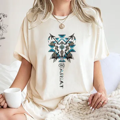 Ariat Sport Grey Tribal Skull T-Shirt Western Bull Skull & Feathers Graphic With Blue Aztec Patterns Unisex T-Shirt For Country Style & Native Vibes