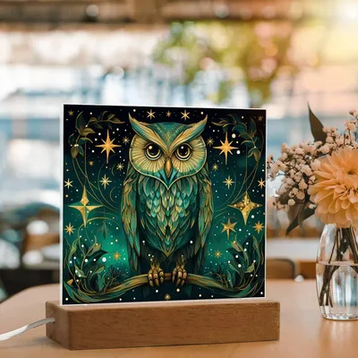 Mystic Owl Stained Glass - Acrylic Square Plaque