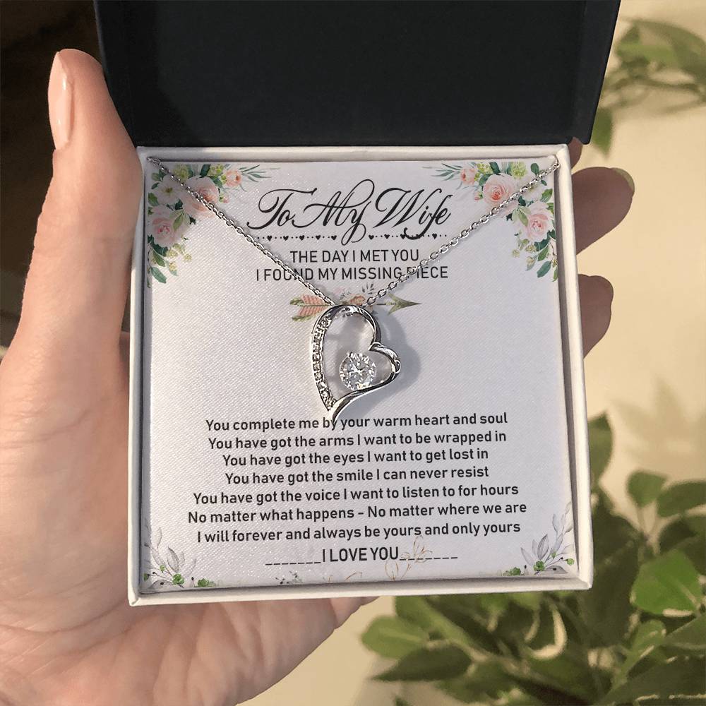 To My Wife Flower Message Card With Mother's Day Gift - I Found My Missing Piece - Forever Love Necklace