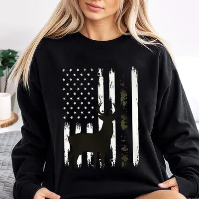 Whitetail Deer Hunting Sweatshirt, Printed On Back, Hunter Buck Camo American Flag Usa Sweatshirt, Outdoor Sportsman Sweatshirt, Men'S Sweatshirt, Patriotic Hunting Apparel