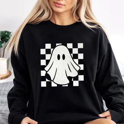 Checkered Ghost Sweatshirt, Ghost Checkered Sweatshirt, Cute Ghost Sweatshirt, Cute Halloween Preppy Halloween Sweatshirt For Woman