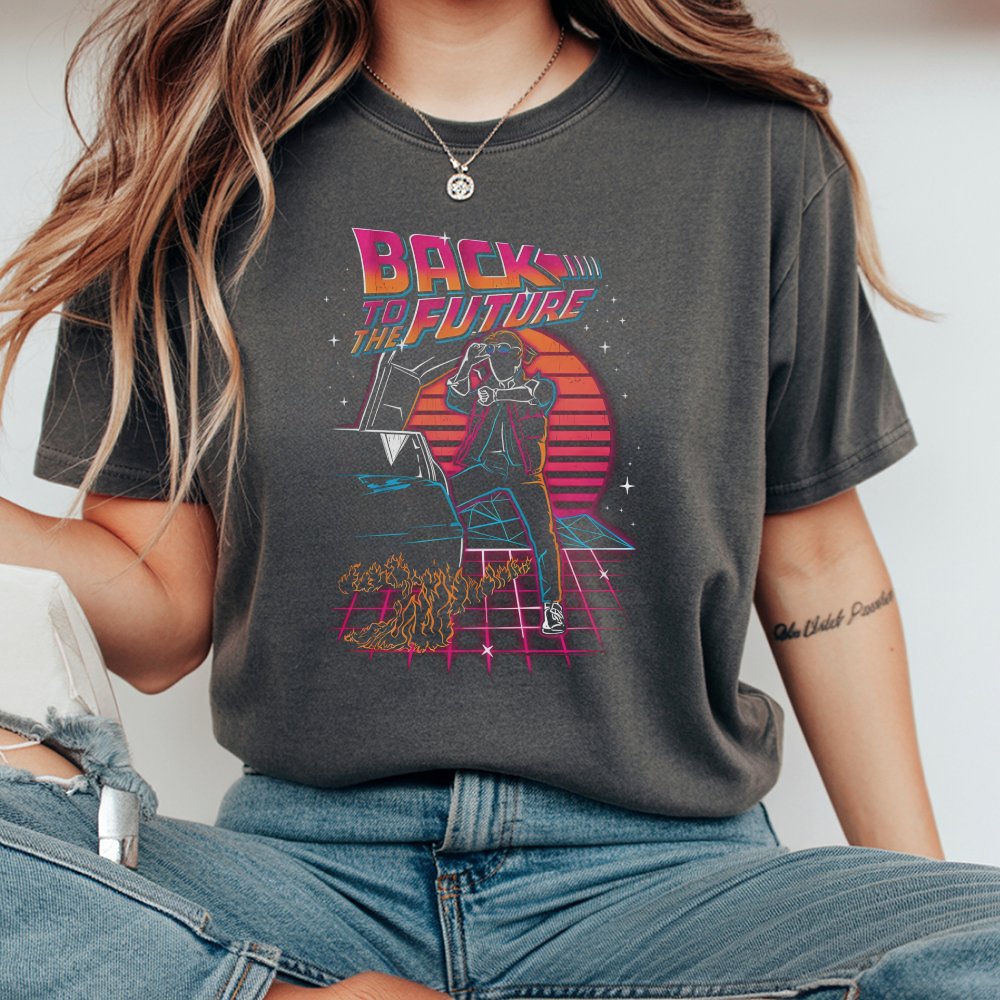 Back To The Future Men'S T-Shirt Neon Synthwave Sunset Black Graphic Tee 80s Sci Fi Movie T-Shirt Me