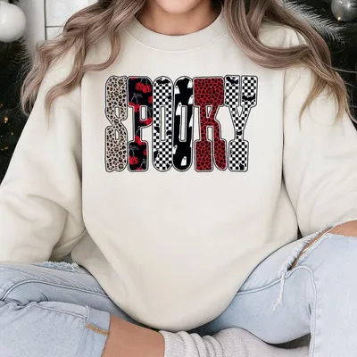 Halloween Sweatshirt, Spooky Letters Sweatshirt, Leopard Checker Cherry Print, Red Black Sublimation, Cute Fall Design