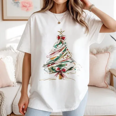 Colorful Coquette Glitter Christmas Tree Girly Christmas Tree Design Bright Color Christmas Coquette Bow Dalmantian T-Shirt
