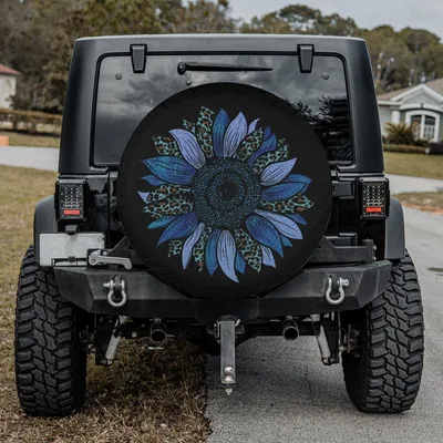 Spare Tire Cover With Blue And Cheetah Sunflower Design, Blue Sunflower Wheel Cover, Sunflower Tire Cover, Girl, Blue Spare Tire Cover