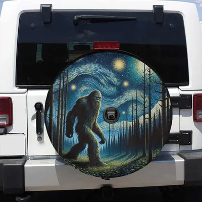 Starry Night Bigfoot Spare Tire Cover, Artistic Forest Night Design For Adventure And Mystery Lovers Spare Tire Cover