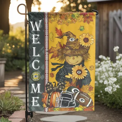 Green Bay Packers Fall Welcome Garden Flag , Scarecrow & Pumpkin Design Vertical Garden Flag