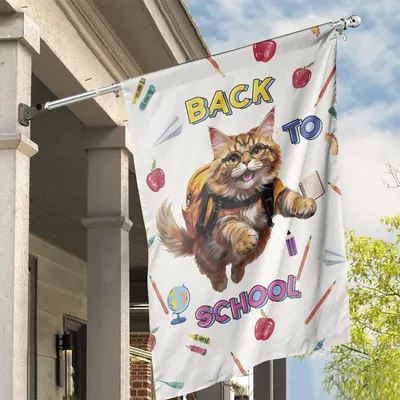 Back To School Cat House Flag, Energetic Tabby With Glasses And School Supplies Vertical House Flag